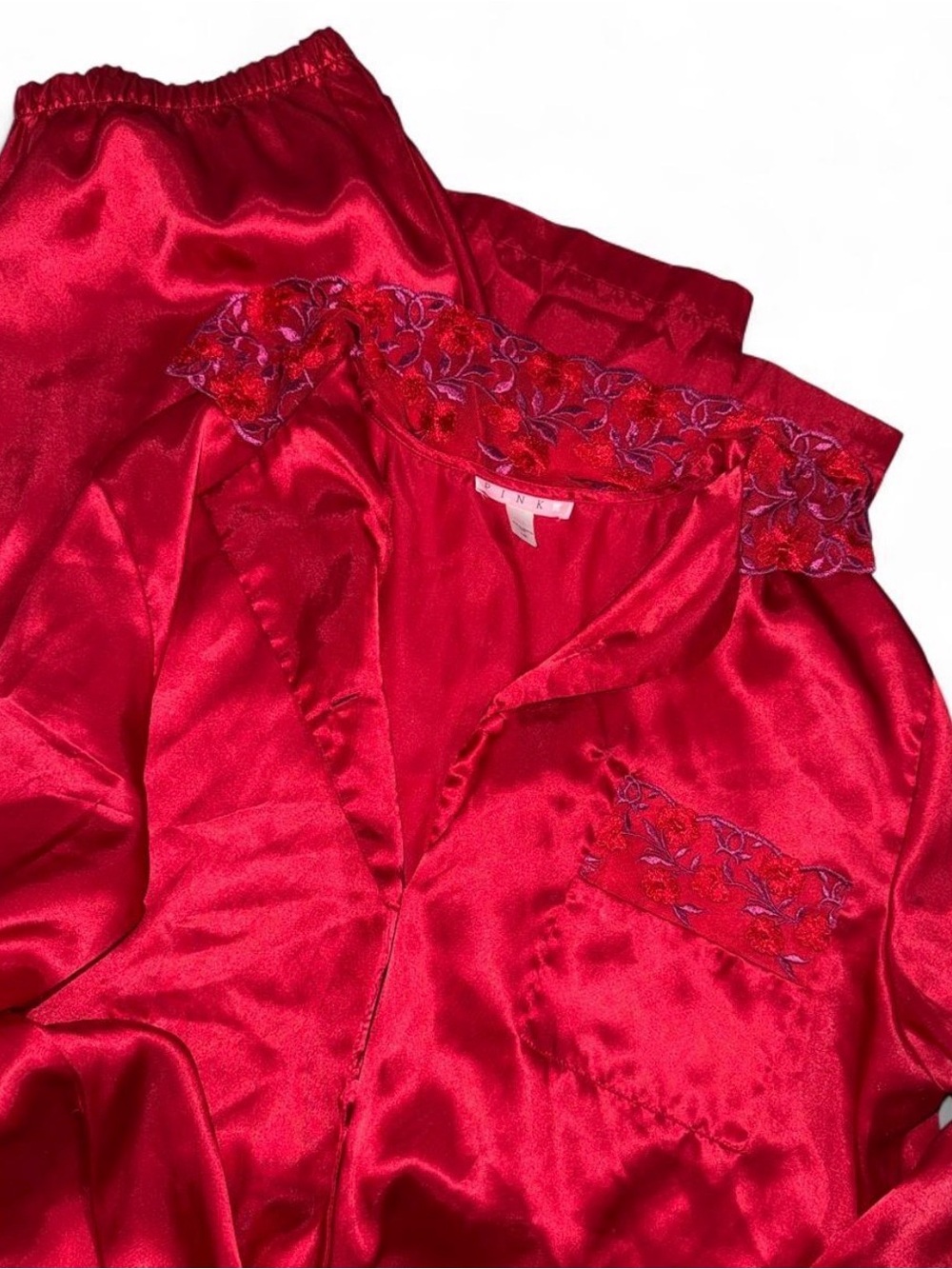 PINK Victoria's Secret Red Satin Lace-Trim Pajama Set